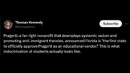 A netizen slamming Florida's new education curriculum. (Image via Twitter/Thomas Kennedy)